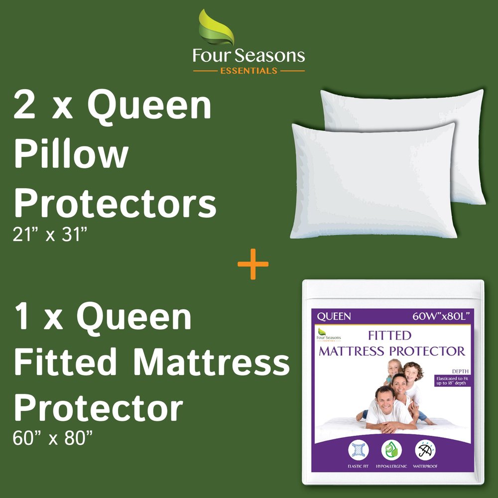 Bundle - 2 Items: Queen Size Fitted Sheet Mattress Cover + Queen Waterproof Pillow Protectors (2PC)
