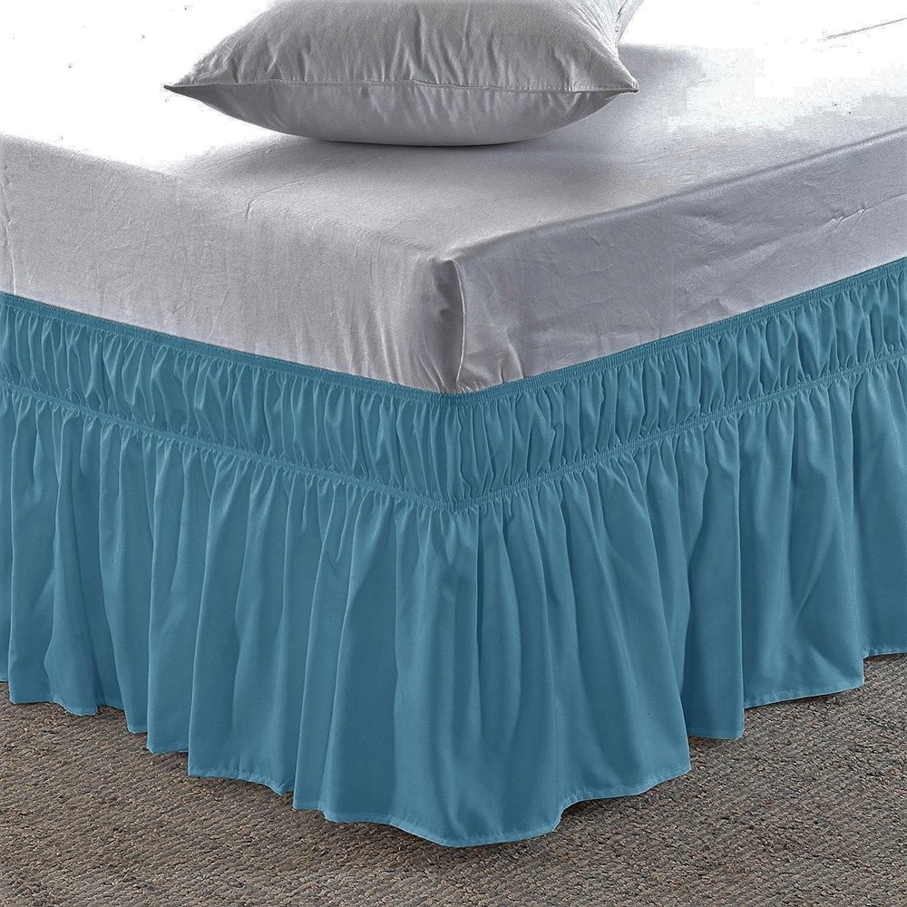 Amuze Bedding Eay Fit Elastic Wrap Around Ruffled Bed Skirt Recron 600 Thread Count(Medium Blue, Queen, Drop Length 19 Inches)