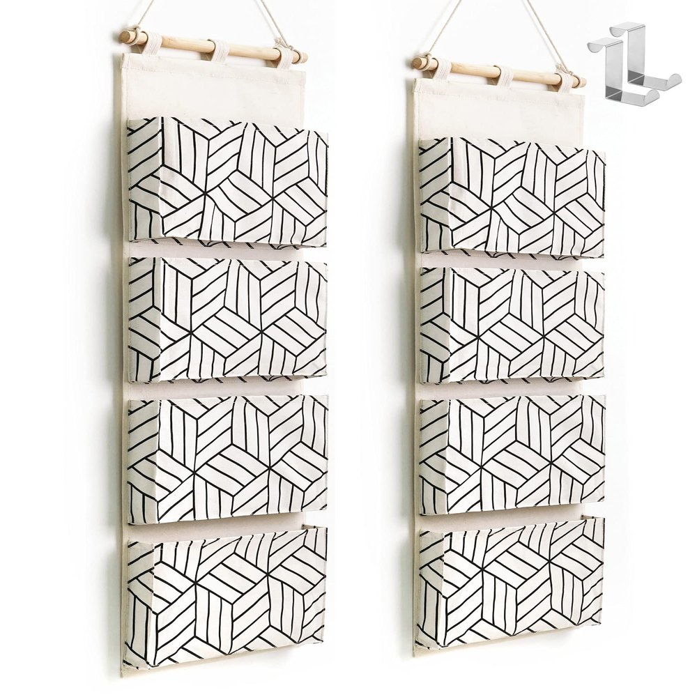 CROWNED 2Pcs Over Door Hanging Storage Bags Wall Mount Closet Organizer, 4 Big Pockets Linen Cotton Fabric Living Room Bedroom Bathroom File Magazine Waterproof Free Hooks White