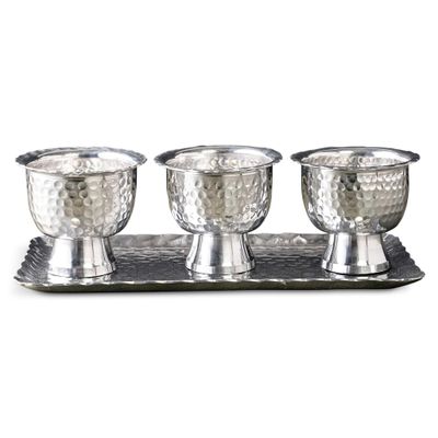 IHI EST. 1986 Hammered Design - Scalloped Edge - Pedestal Base - 4.5 x 3.75 Inch Silver Tone Stainless Steel Condiment Bowl Set