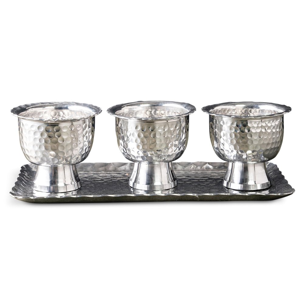 IHI EST. 1986 Hammered Design - Scalloped Edge - Pedestal Base - 4.5 x 3.75 Inch Silver Tone Stainless Steel Condiment Bowl Set