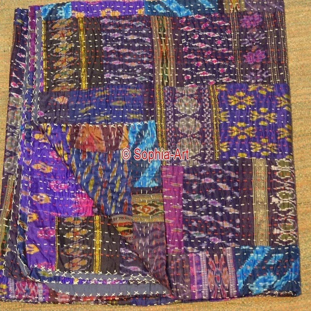 Blanket Bedding Bedspread Bed Kantha Vintage Handmade Silk Patchwork Indian Art Cover India Sari Bohemian Spreads Washed Patola Spread Quilt