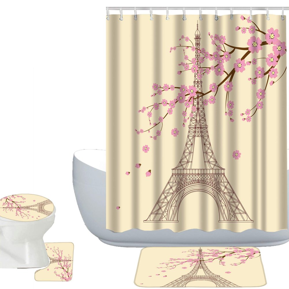 Amagical Paris Eiffel Tower with Plum Blossom Pattern 4 Piece Bathroom Mat Set Shower Curtain Set Vintage Bath Mat Contour Mat Toilet Cover Waterproof Shower Curtain with 12 Hooks
