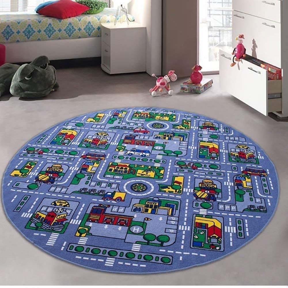 champion rugs Kids/Baby Room/Daycare/Classroom/Playroom Race Car Tracks Racing and Toys Driving Fun Country City Town Road Map Non-Slip Area Rug - Have Fun and Play Safely (8 Feet X 8 Feet Round)