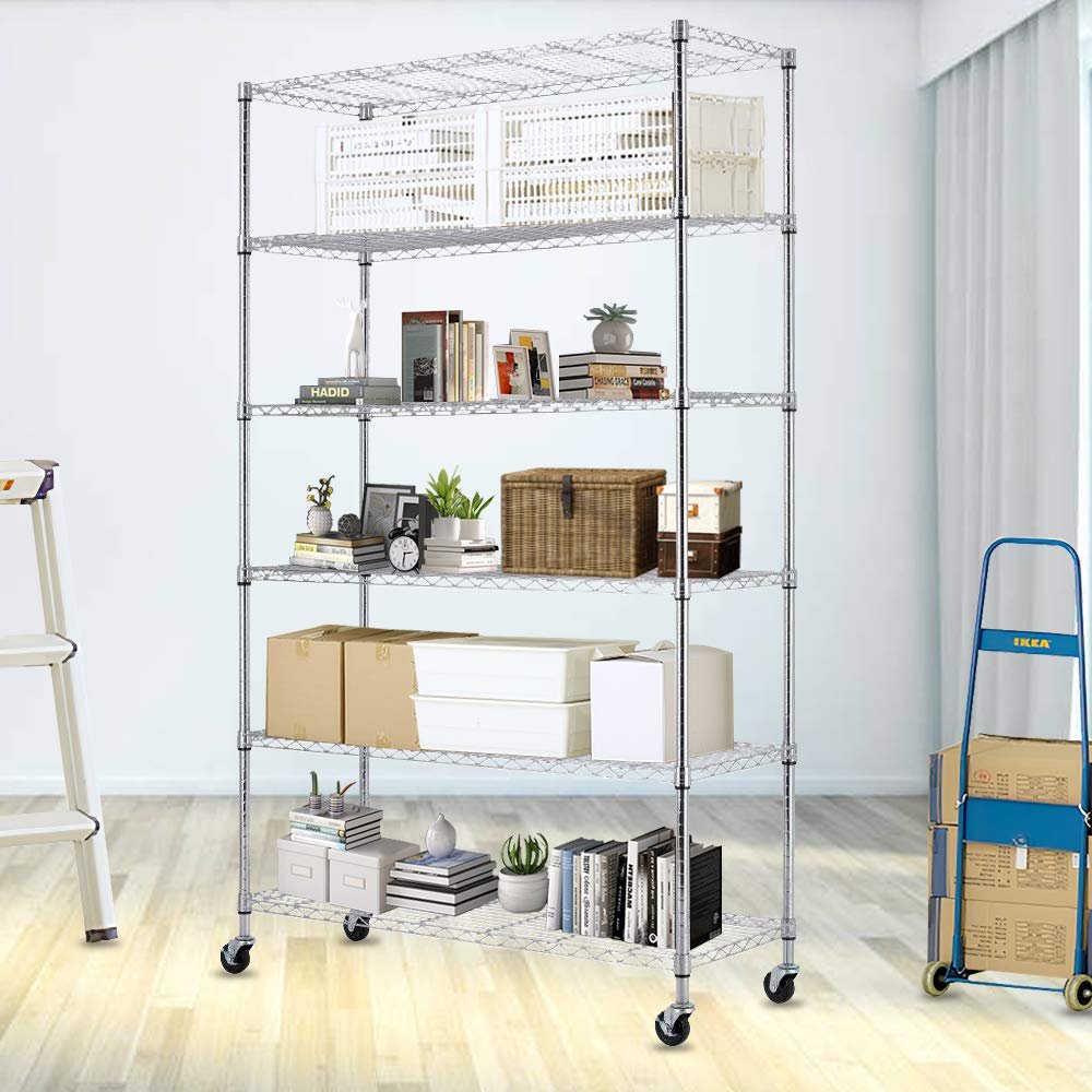 6 Tier Wire Metal Shelving Heavy Duty Shelf Storage Organizer Rack Unit NSF Wire Adjustable Shelves with Wheels, 82"x48"x18", 2100LBS Capacity Wide Shelf, Black (Chrome)