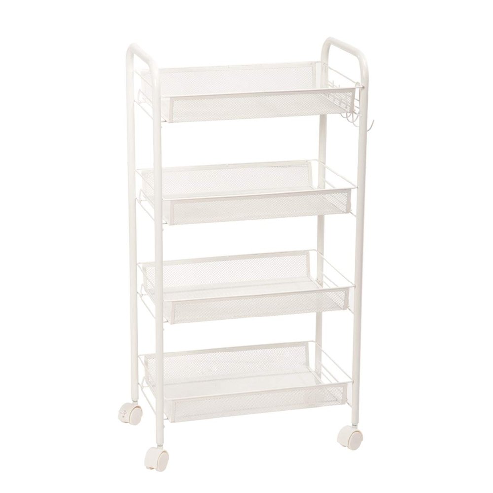 Home Furnishing Plaza Exquisite Honeycomb Net Four Tiers Storage Cart with Hook Ivory White Utility Storage Organizer Shelf Rack for Kitchen Living Room Bathroom