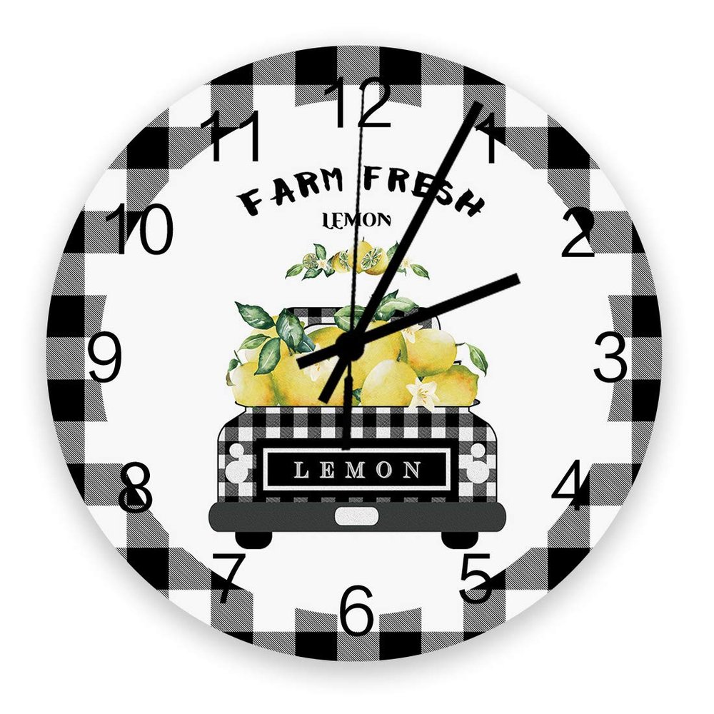 12 Inch Wall Clock Silent Bedroom Wall Clock Black White Plaid Background Buffalo Check Truck Lemon Modern Rustic Clocks for Walls Decor Round Clock for Kitchen/Bathroom/School/Office 12x12inch