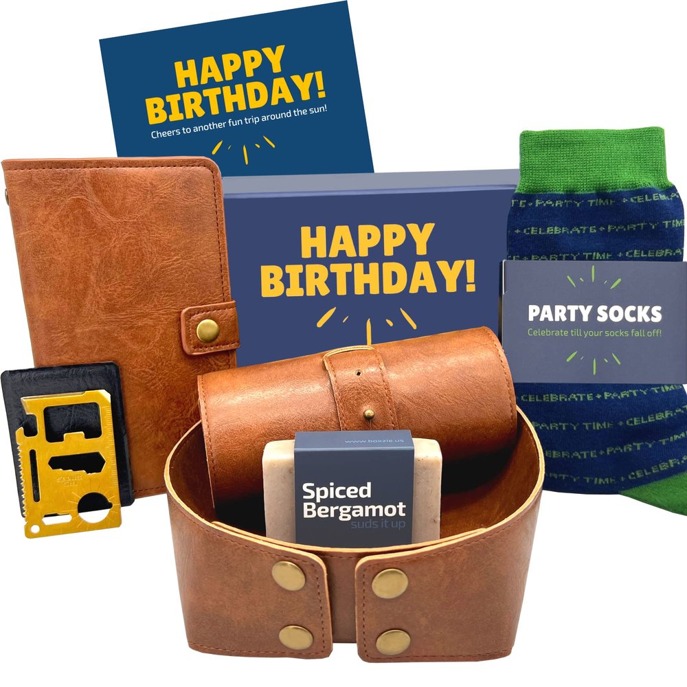 Happy Birthday Gift Box for Men, Unique Gifts for Him, Man Basket Set Ideas, Manly Presents for Dad, Husband, Brother, Son, Boyfriend, Friend, Male, Coworker