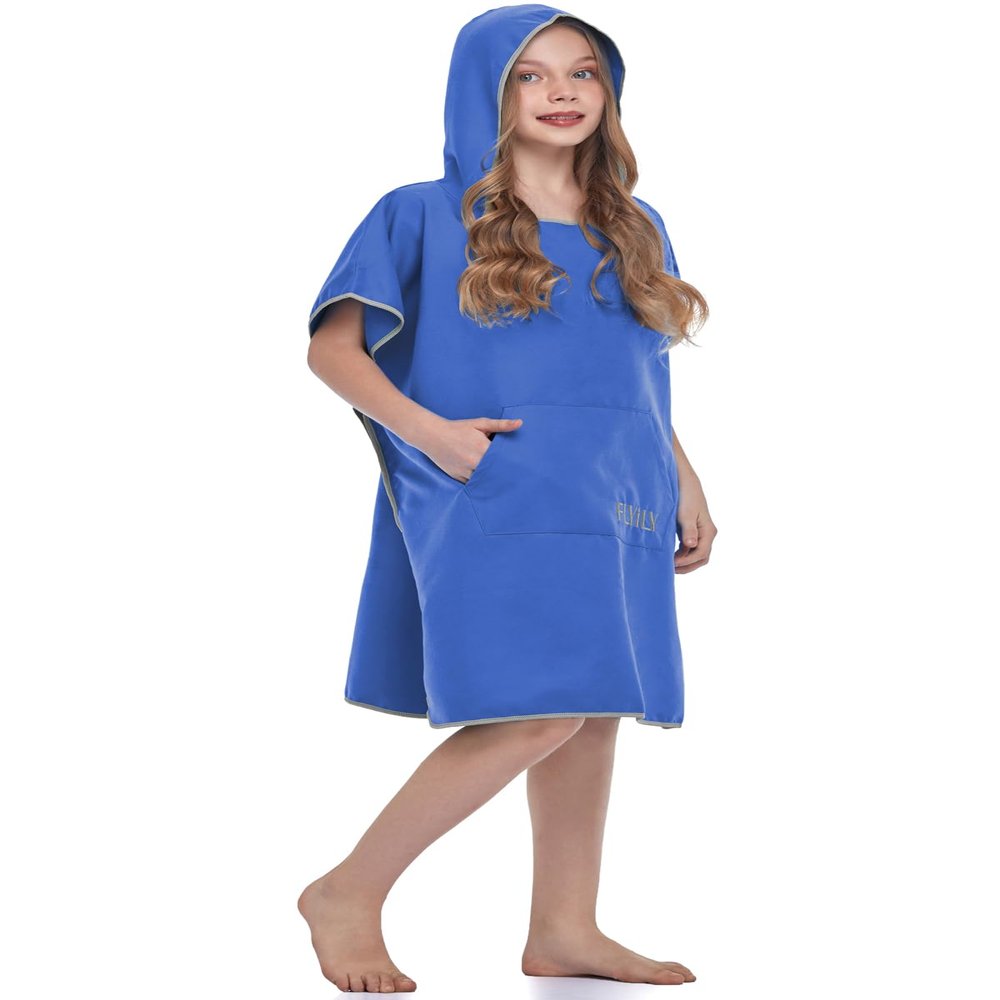 FLYILY Beach Changing Towel Surf Poncho Robe Hooded Wetsuit Adjustable Sleeves Surfing Swimming Bathing (RoyalBlue, Small - Fit for Child(Age8-13))