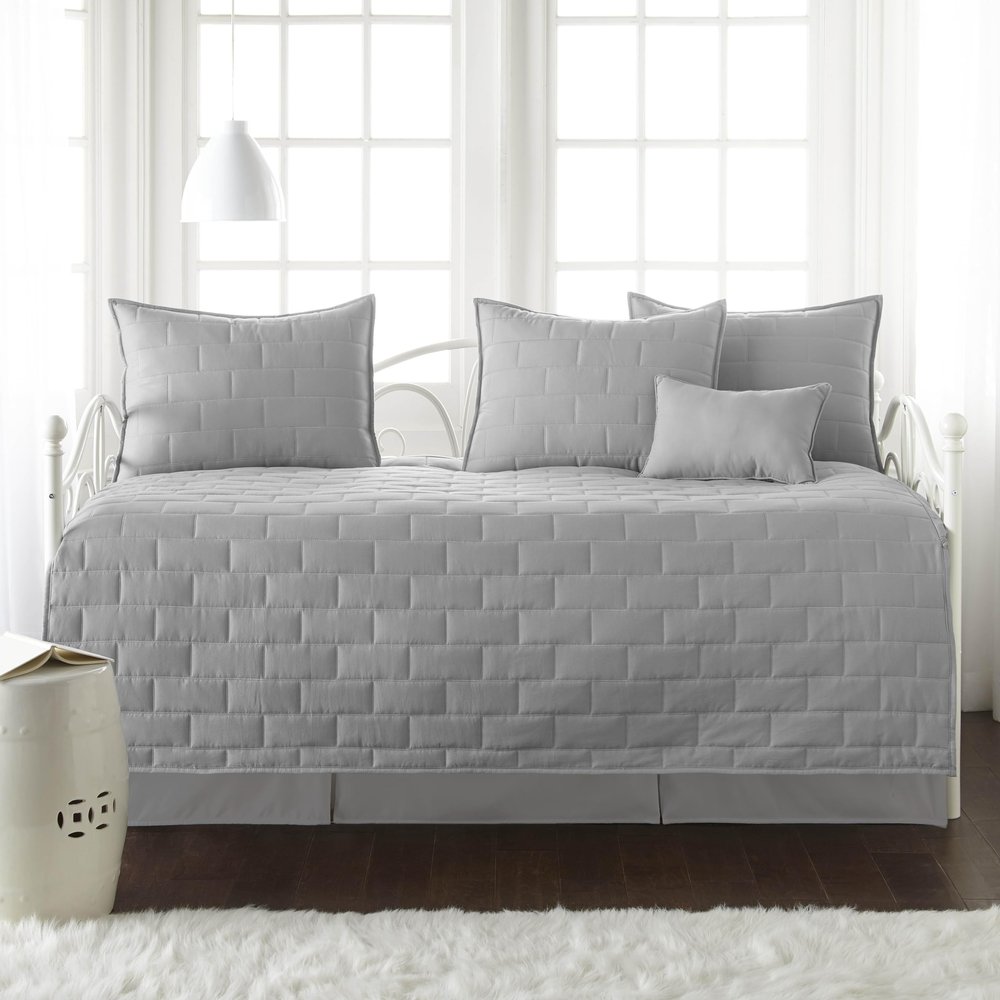 Southshore Fine Living, Inc. Twin Daybed Comforter Set, 6-Piece Twin Bedding Set with Daybed Cover, 3 Pillow Shams, Bed Skirt, Throw Pillow - Day Bed Quilt Set, Brickyard Steel Grey