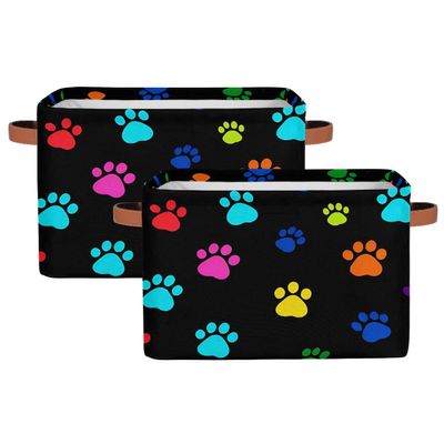 AUUXVA Colorful Paw Print Storage Basket Cube Animal Dog Cat Collapsible Storage Bin with Handle Large Baskets Box Toy Cloth Organizer Shelves for Closet Nursery Bathroom Home 2 Pack