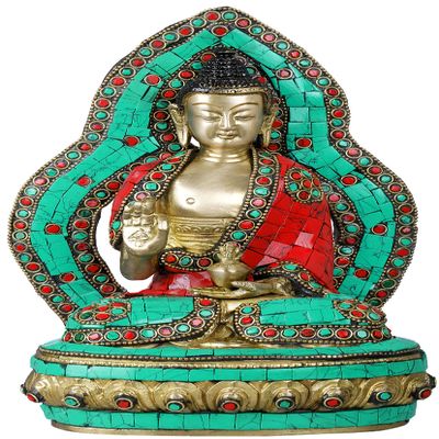 Exotic India Preaching Buddha on Lotus Pedestal - Tibetan Buddhist - Brass Statue with Inlay Work