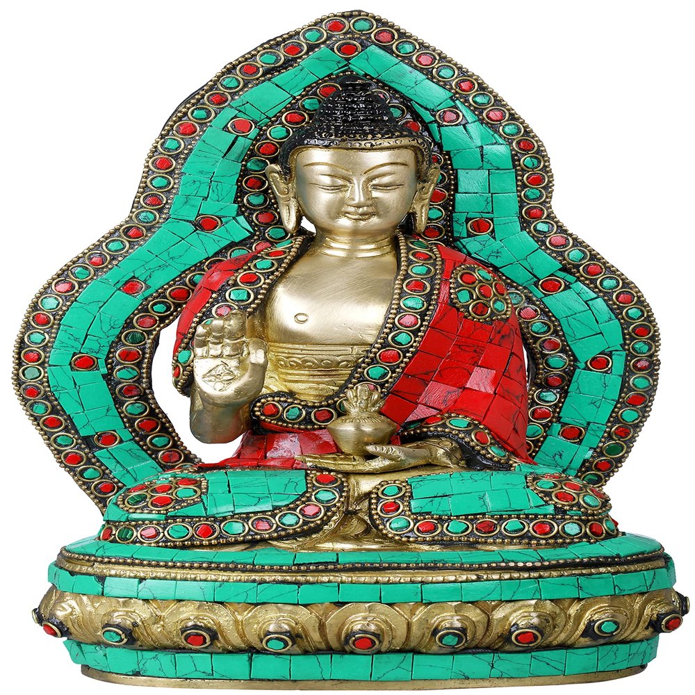 Exotic India Preaching Buddha on Lotus Pedestal - Tibetan Buddhist - Brass Statue with Inlay Work