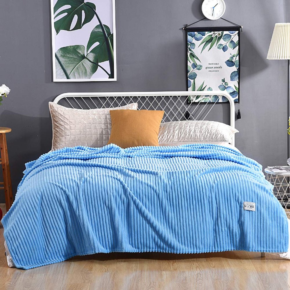 XMZFQ Flannel Bed Blanket Throw Solid Color Stripe Home Office Nap Blanket Comforter Microfiber Bedspread Blanket for Bed Couch Sofa Chair Fall Nap Travel,Sky Blue,70X100cm