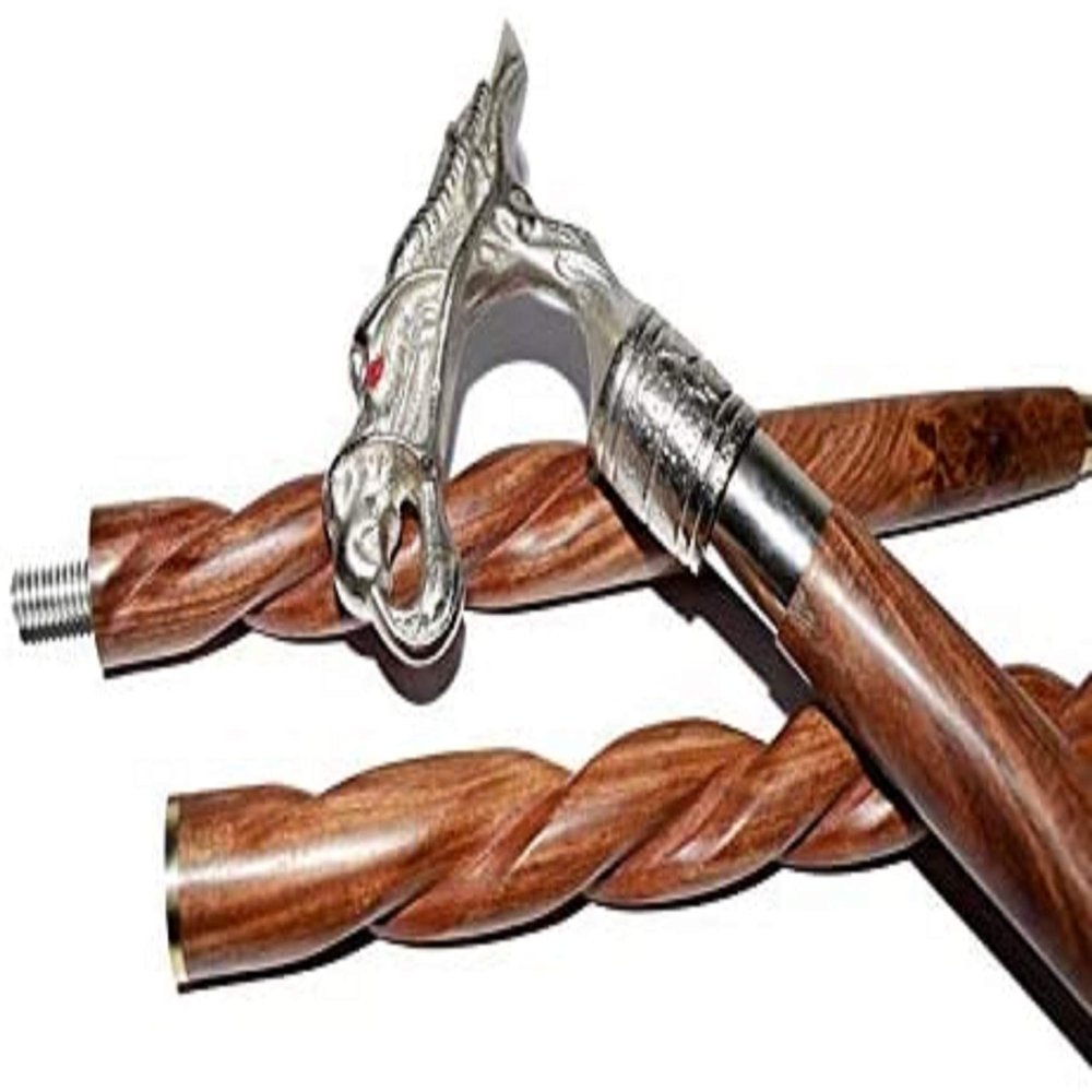 PIRU Designer Dragon Silver Handle Cane Walking Stick 3 fold