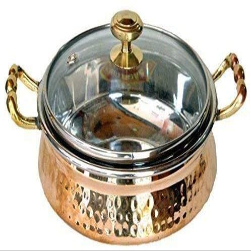 100% Pure Beautiful Steel Copper Casserole Dish Serving Royal Handi Stylish Glass Lid -7 Inch Indian Dinning Experience, Gift, Valentine Gift,