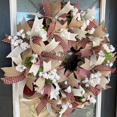Country Darling Rustic Primative Country Farmhouse Valentine's Day Fall Christmas Everyday Deco Mesh Front Door Wreath, Everyday Burgundy Gingham Home Decor, Porch Patio Kitchen Pantry Decoration