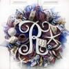 Artisan nautical, coastal everyday year round wreath with monogram letter R (most letters available), starfish & sand dollar for outdoor or indoor decorations. Wreath is very full, measures 18x18x6 view 1