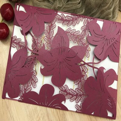 50pc Pearl Burgundy Red Laser Cut Wedding Invitations Cards,4 Folded Flower Laser Cut Invitation Cards,Custom Invitation Cards,Please Pick Colors