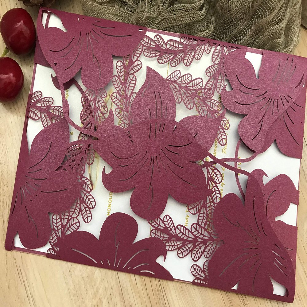 50pc Pearl Burgundy Red Laser Cut Wedding Invitations Cards,4 Folded Flower Laser Cut Invitation Cards,Custom Invitation Cards,Please Pick Colors
