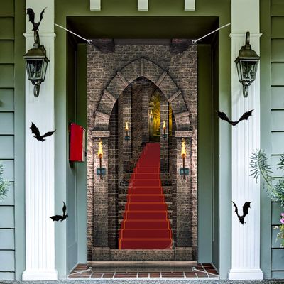 Blulu Halloween Castle Entrance Door Cover 34.8 x 78 Inches Castle Door Backdrop Decoration Medieval Entrance Banner for Birthday Photo Vampire Halloween Party