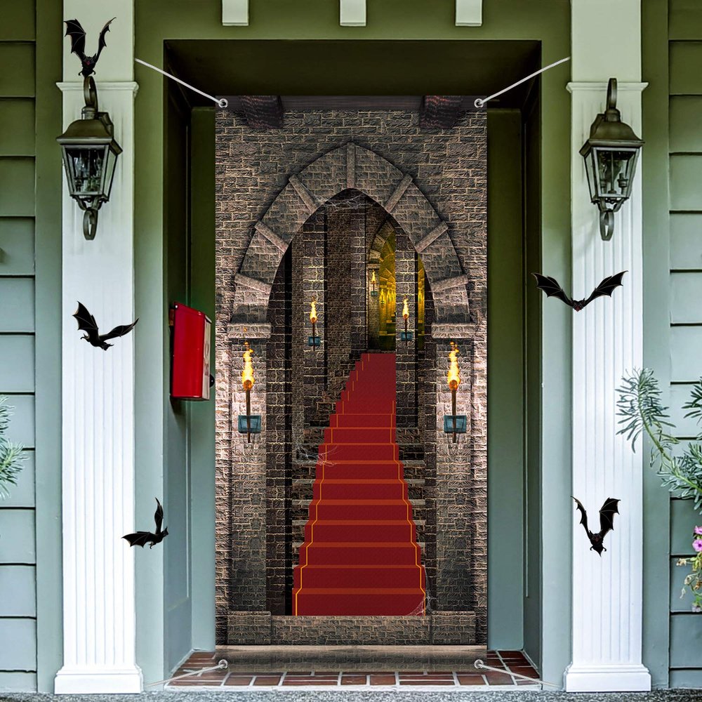 Blulu Halloween Castle Entrance Door Cover 34.8 x 78 Inches Castle Door Backdrop Decoration Medieval Entrance Banner for Birthday Photo Vampire Halloween Party