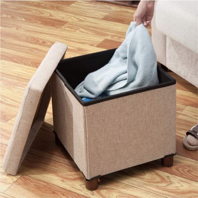 15 Inch Storage Ottoman with Wooden Legs - Cube Foot Rest Stool, Square Footstool, Comfortable Seat with Lid, Foldable Fabric Ottoman, Space-Saving Beige