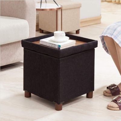 15 Inch Storage Ottoman with Wooden Legs - Cube Foot Rest Stool, Square Footstool, Comfortable Seat with Lid, Foldable Fabric Ottoman, Space-Saving Black