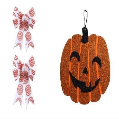 KONNET Fall Halloween 11.5x10.25-in. Halloween Glitter Pumpkin Jack O Lantern Themed Glitter Wall Signs Burlap Pumpkin Bows