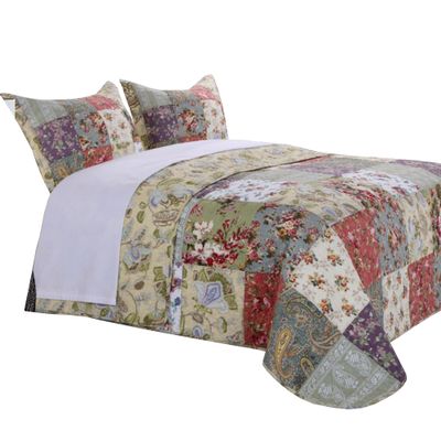 Benjara Eiger 3 Piece Fabric Queen Size Quilt Set with Jacobean Prints, Multicolor