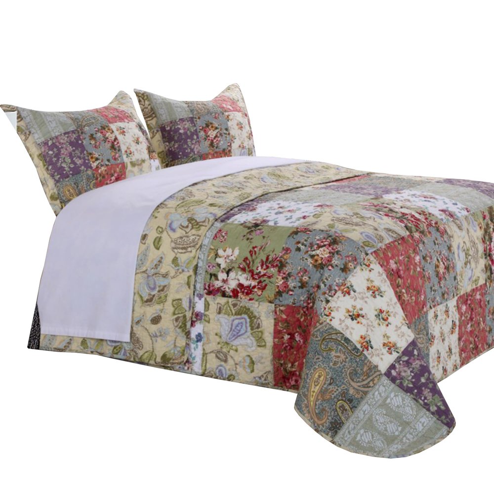 Benjara Eiger 3 Piece Fabric Queen Size Quilt Set with Jacobean Prints, Multicolor