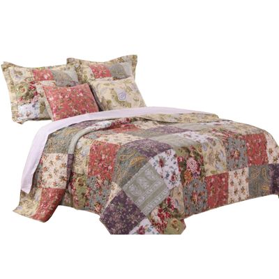 Benjara Chicago 5 Piece Fabric Queen Size Quilt Set with Jacobean Prints, Multicolor
