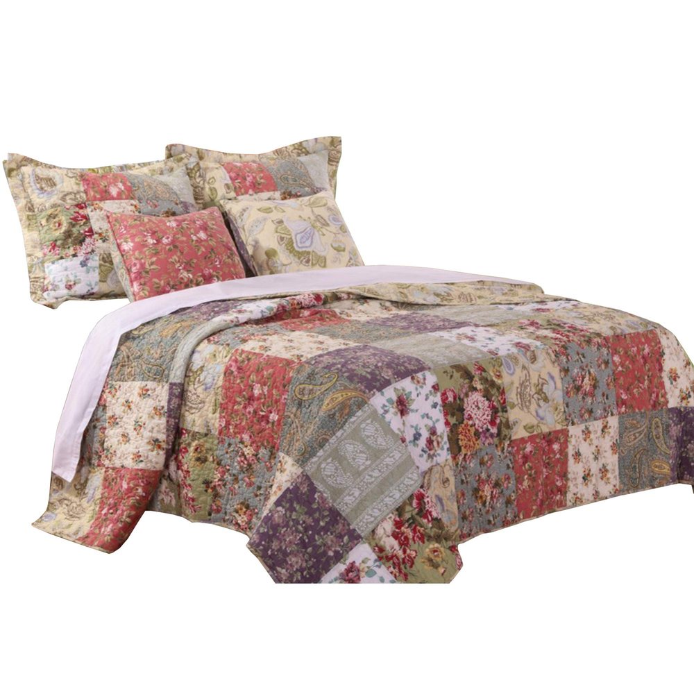 Benjara Chicago 5 Piece Fabric Queen Size Quilt Set with Jacobean Prints, Multicolor