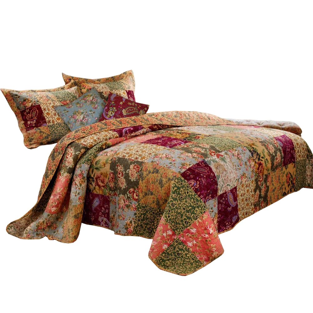 Benjara Kamet 5 Piece Fabric King Size Quilt Set with Floral Prints, Multicolor