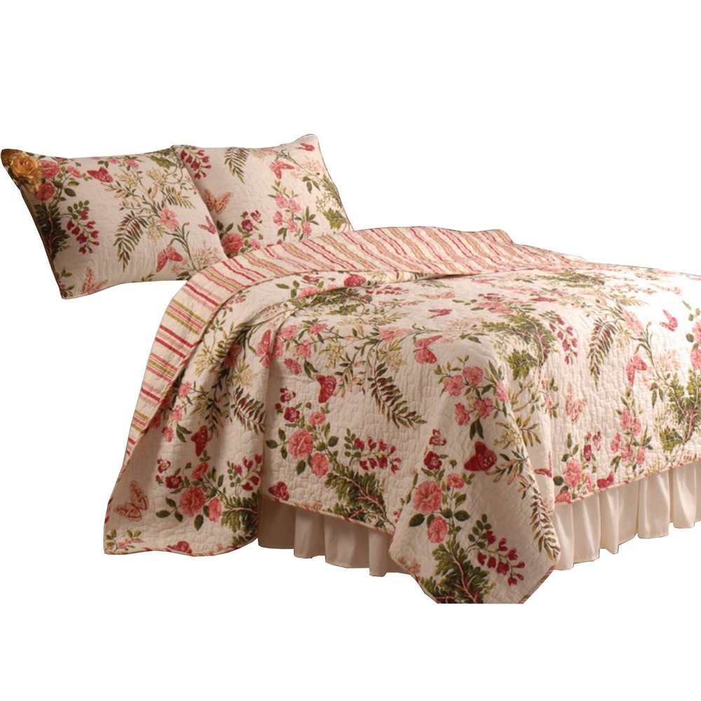 Benjara Atlanta Fabric 3 Piece King Size Quilt Set with Butterfly Prints, Multicolor