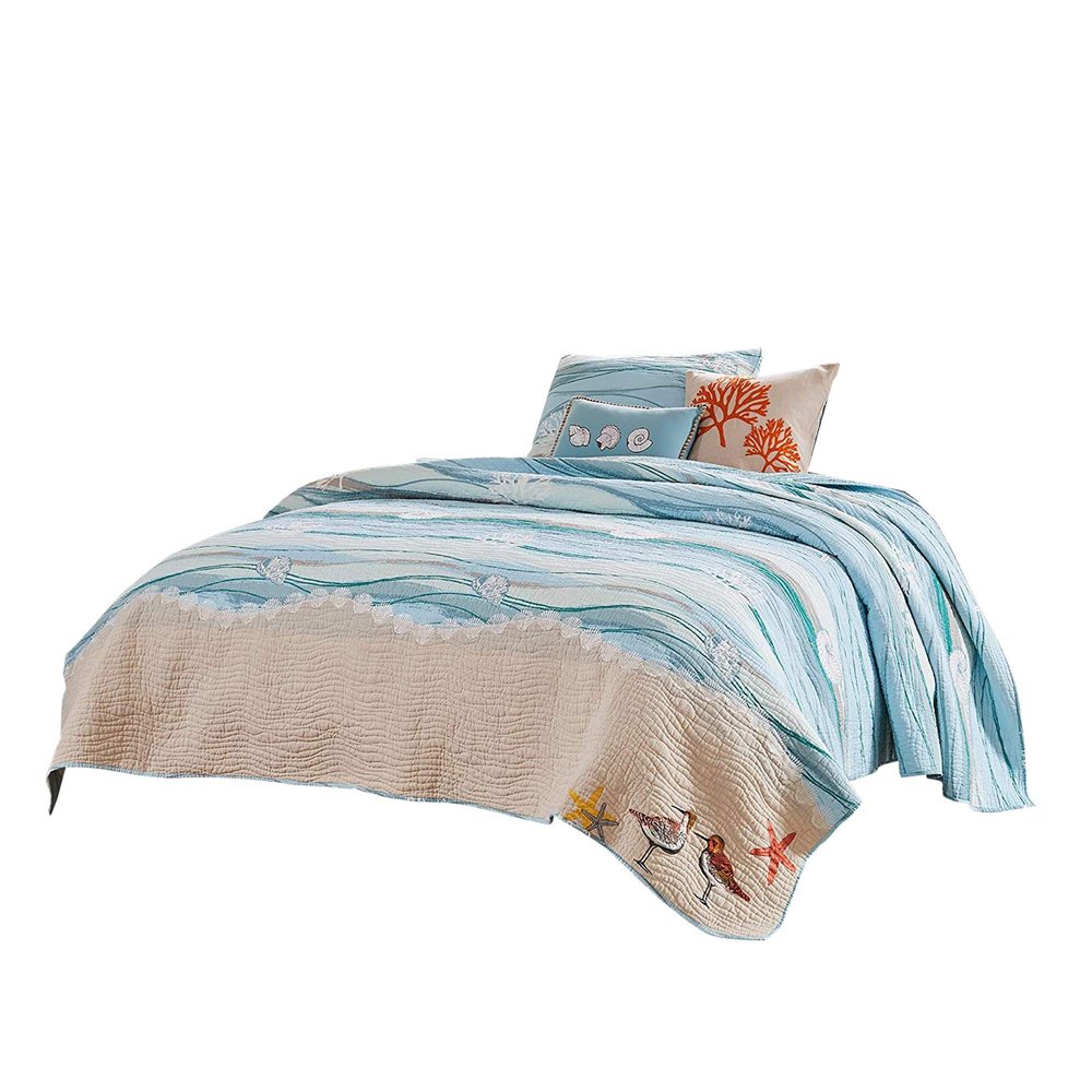 Benjara Maritsa Four Piece Twin Size Fabric Quilt Set with Coastal Prints, Blue