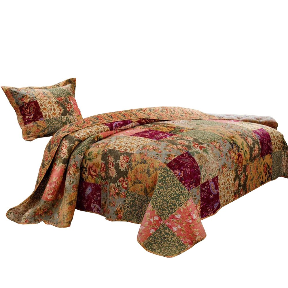 Benjara Kamet 2 Piece Fabric Twin Size Quilt Set with Floral Prints, Multicolor