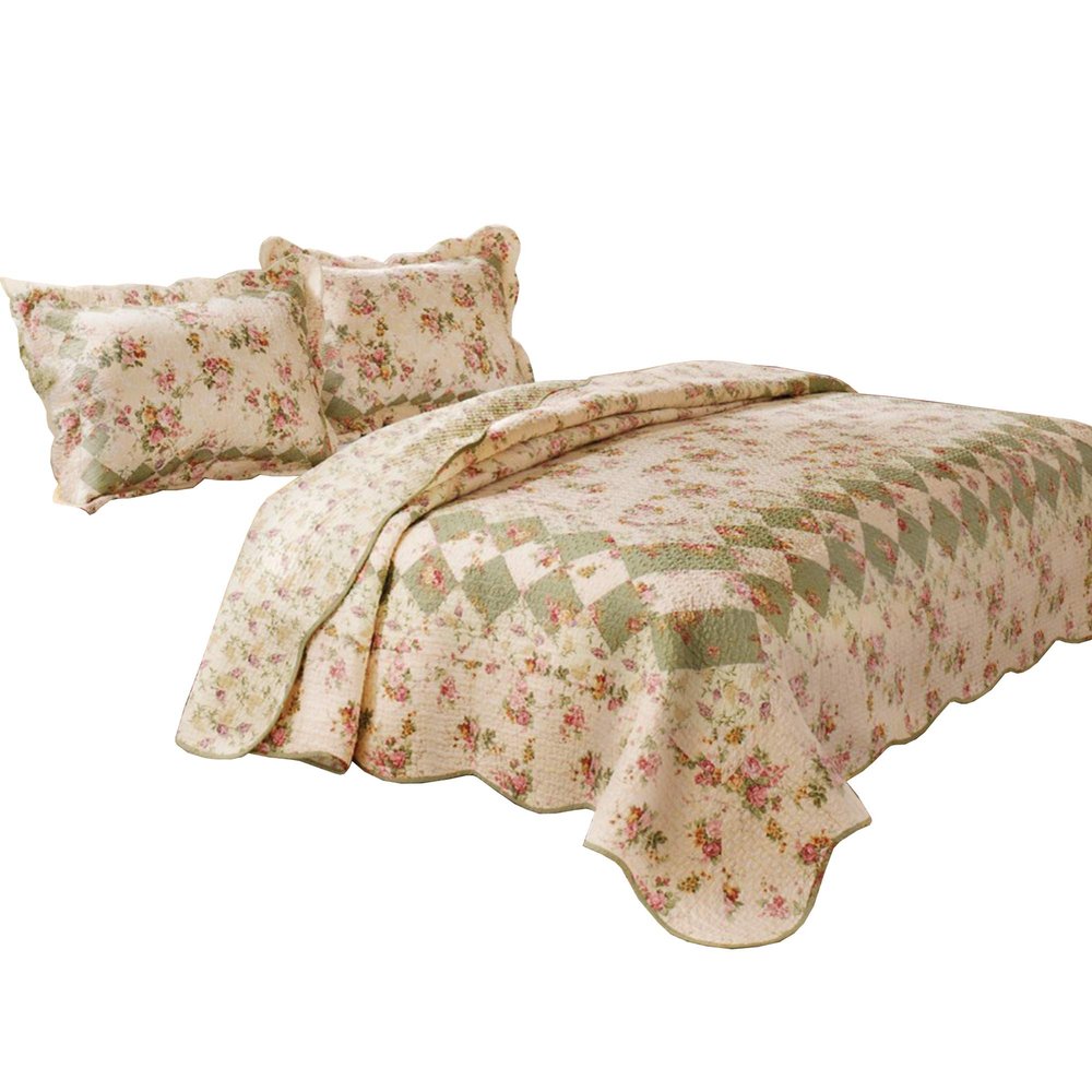 Benjara Denali 3 Piece Fabric King Size Quilt Set with Floral Prints, Multicolor