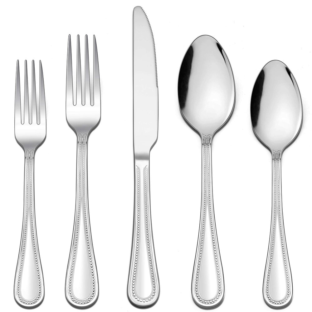 LIANYU Silverware Flatware Set for 10, 50-Piece Stainless Steel Cutlery Set with Pearled Edge, Fancy Eating Utensils Tableware Includes Knives Forks Spoons, Mirror Finished, Dishwasher Safe