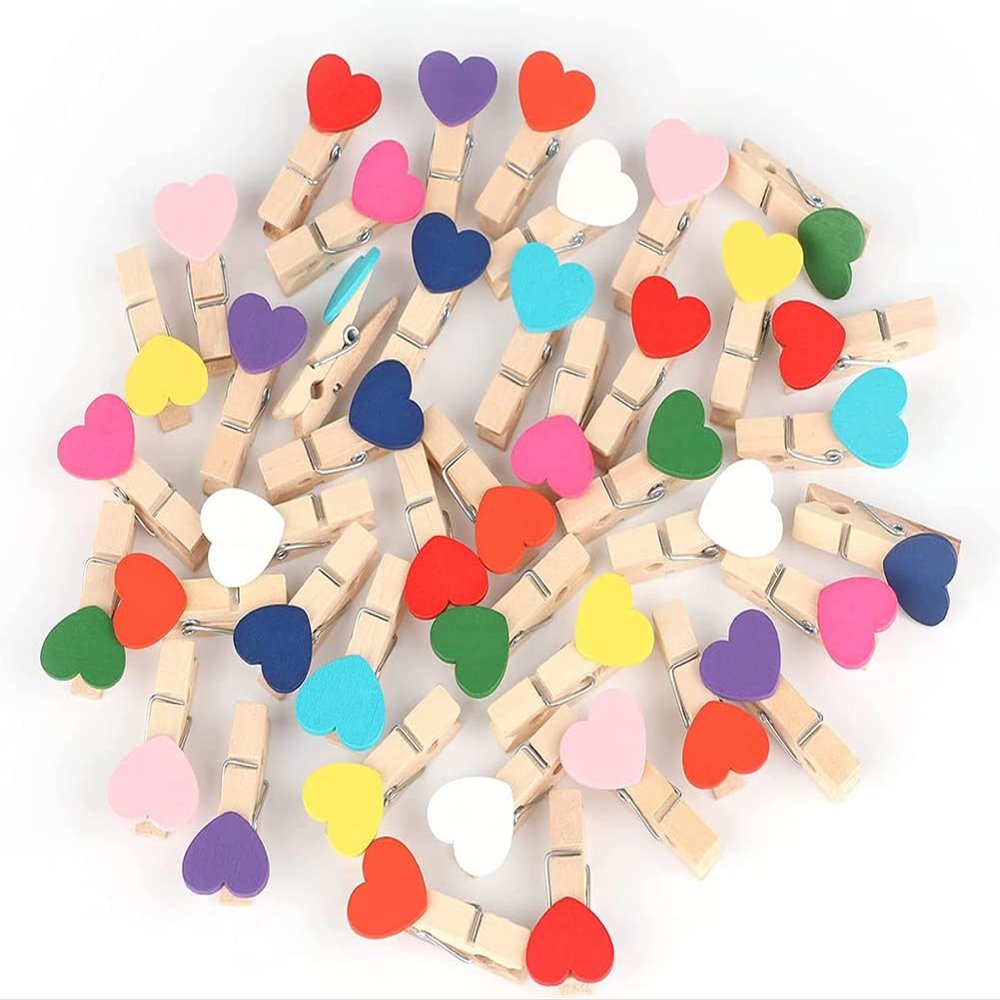 AKOAK 50 Pcs Color Wood Clothespin, Mini Natural Heart-Shaped Wood Craft Clip, Photo DIY, Christmas/Wedding/School Arts and Crafts/Home Decor Photo Clip