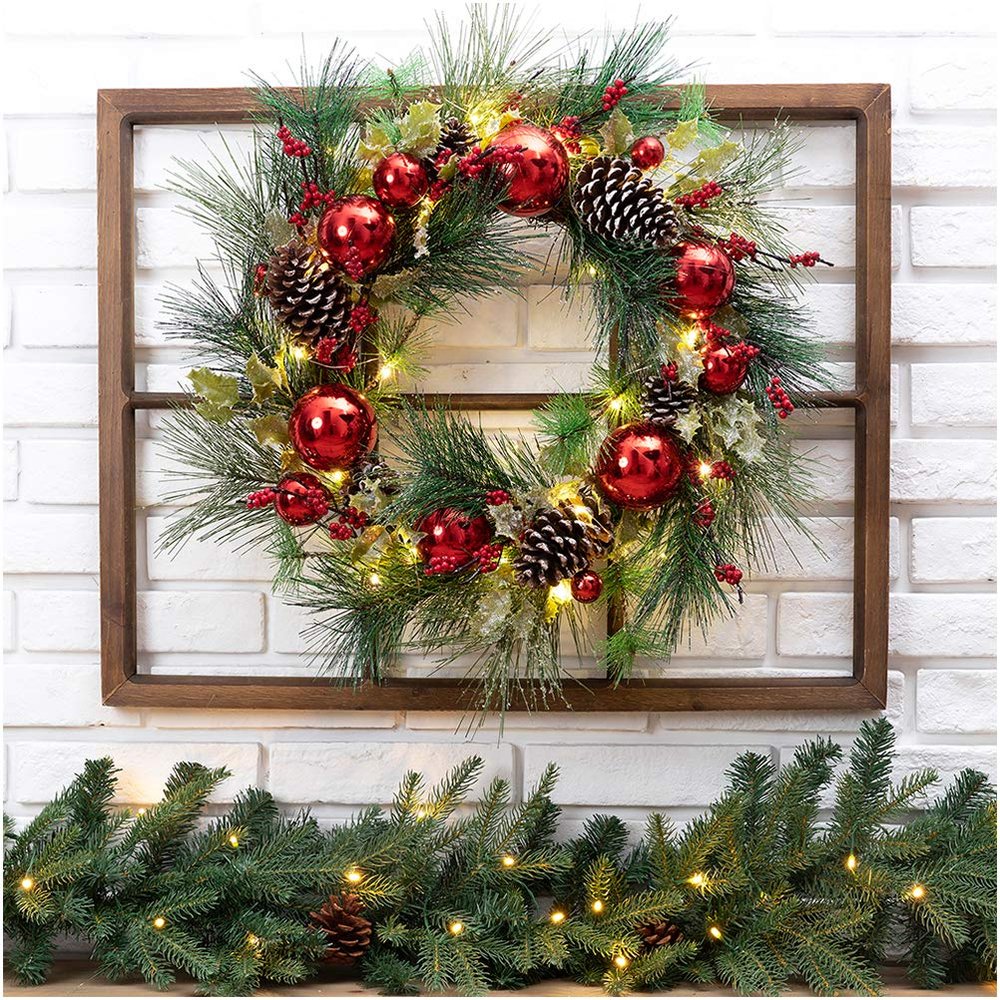 Glitzhome Rustic Farmhouse Decorations Wooden Window Frame with LED Pre-Lit Pinecone & Ornament Decorative Wreath for Xmas Festival Celebration Front Door Wall Window Party Decor