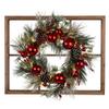 Glitzhome Rustic Farmhouse Decorations Wooden Window Frame with LED Pre-Lit Pinecone & Ornament Decorative Wreath for Xmas Festival Celebration Front Door Wall Window Party Decor view 2