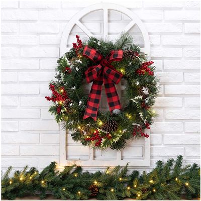 Glitzhome Rustic Wooden Window Frame with LED Pre-Lit Pinecone & Ornament Decorative Artificial Wreath for Front Door Wall Window Indoor Outdoor Christmas Decorations