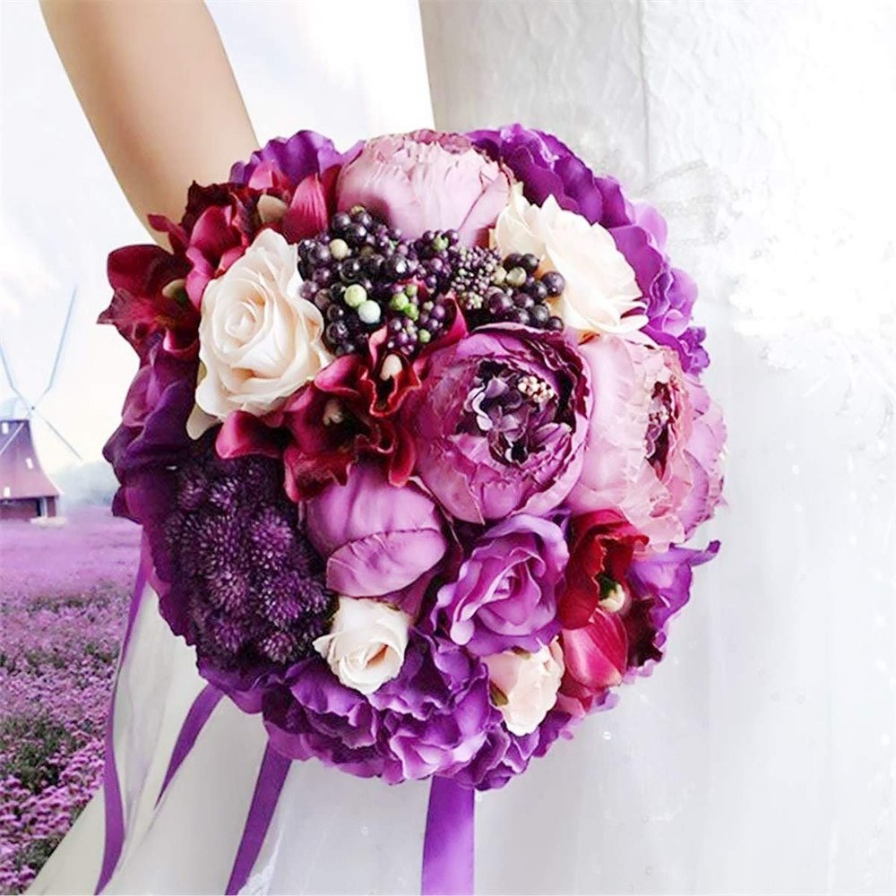 Abbie Home Wedding Bouquet Bride Bridal Holding Bouquet, Handmade Purple Rose Peony Flower Bouquet with Lace and Ribbon for Wedding Party Home Decor