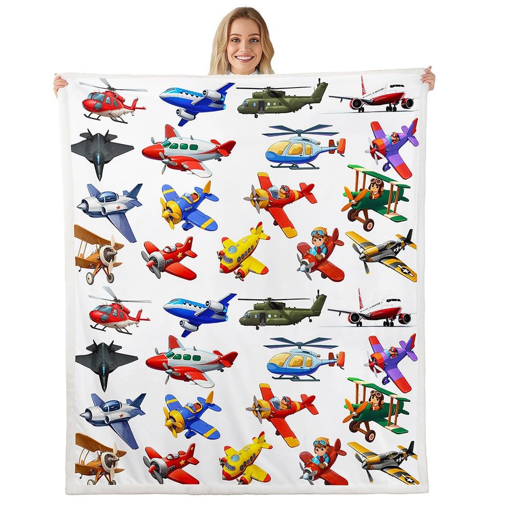 Aircraft Sherpa 3D Print Airplane Blanket Throw for Kids & Teens, Fighter Flight Helicopter Fleece Blanket, Cartoon Aviation Theme Fuzzy Ultra Soft Twin 60"x80" White