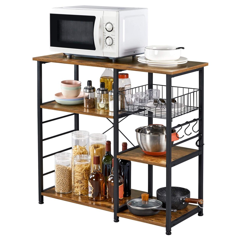 Yaheetech Kitchen Island, 3-Tier Industrial Microwave Stand Cart Shelf, Freestanding Utility Storage Rack for Spice Rack Organizer w/6 S-Shaped Hooks, Easy Assembly, Rustic Brown