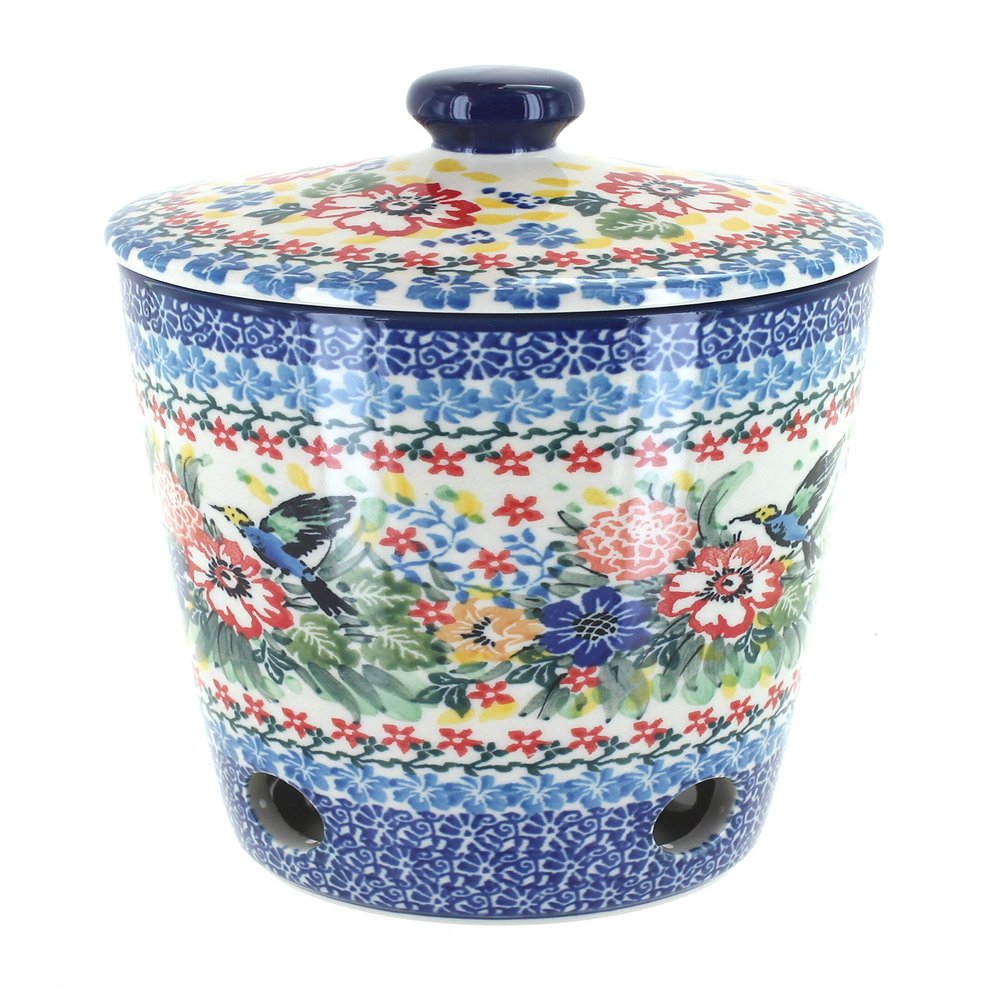 Blue Rose Polish Pottery - Red Hummingbird Garlic Keeper - 6" Tall - Ceramic Storage Jar with Vent Holes