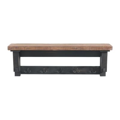 Adam 42 in. Wood Coat Hook with Shelf - Rustic Industrial Entryway Storage Rack, Natural Finish, Includes Five Black Steel Double Hooks, Easy Wall Mount with French Cleat, Pairs with Matching Bench