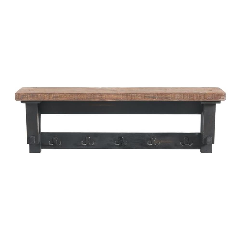Adam 42 in. Wood Coat Hook with Shelf - Rustic Industrial Entryway Storage Rack, Natural Finish, Includes Five Black Steel Double Hooks, Easy Wall Mount with French Cleat, Pairs with Matching Bench