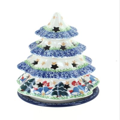 Blue Rose Polish Pottery - Blue Winter Bells Small Christmas Tree Luminary - 6" Tall - Hand-Painted Polish Pottery Holiday Candle Holder, Unique Christmas Gift & Festive Dcor
